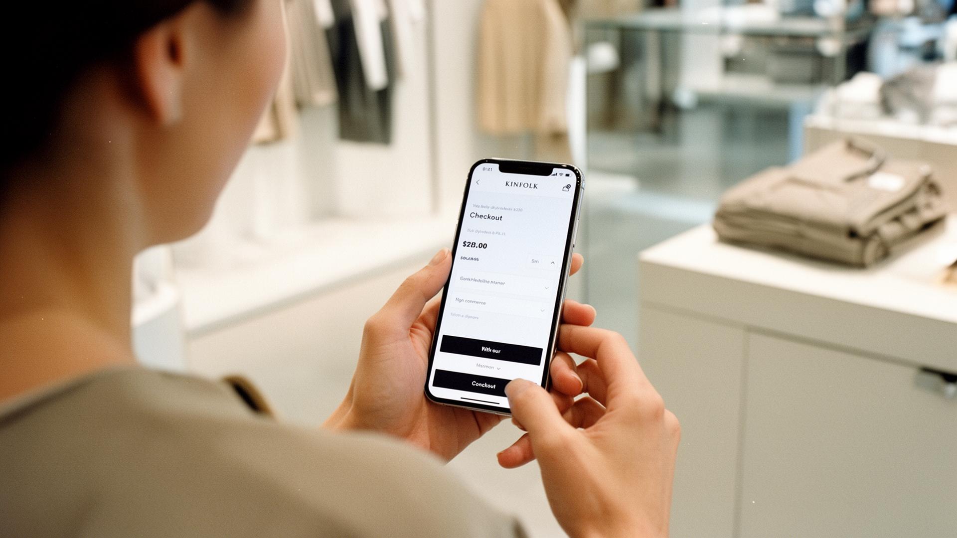 Kundin beim mobilen Checkout in einem modernen Retail-Umfeld
