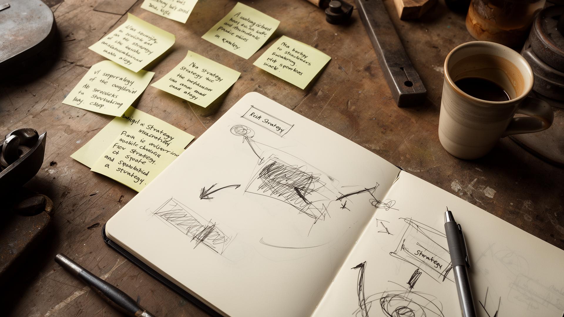 AI-Strategie von Hand skizziert — Notizen, Diagramme und Werkzeug auf einer Werkbank